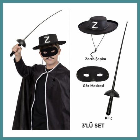 Bezos Zorro Kostüm Seti 3?lü Çocuk ? Şapka, Maske ve Kılıç MAC