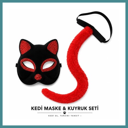Bezos Kırmızı Kedi Maske ve Kuyruk Seti Parti Kostüm Aksesuarı MAC