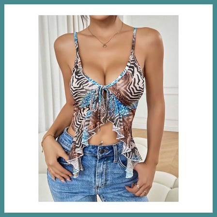 Trendexa Kadın Siyah Leopar desenli Crop Askılı Önden Bağlama Fırfır detaylı 5091 · BEDEN: S/M · RENK: SİYAH MAC