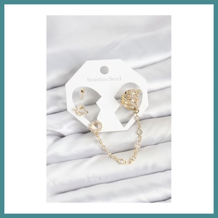 Trendexa Uzay Model Pirinç Gold Renk Zincir Bağlantılı Ear Cuff Küpe Seti MAC