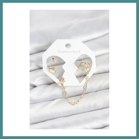 Trendexa Pirinç Gold Renk Uzay Model Zincir Bağlantılı Ear Cuff Küpe Seti MAC
