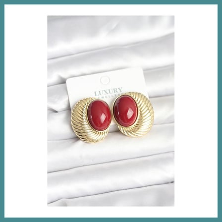 Trendexa Pirinç Gold Renk Bordo Boncuklu Oval Vintage Kadın Küpe MAC