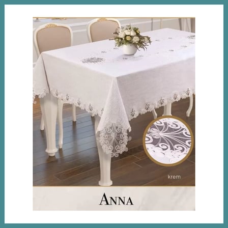 Trendexa Gardenya Keten Tek Masa Örtüsü 160x260 cm Dantelli Yemek Masası Örtüsü Anna Model Krem MAC