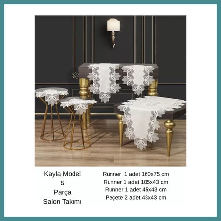 Trendexa Salon Takımı 5 Parça Keten Masa Örtüsü Runner Seti Çeyizlik Kayla Model No 22252 Krem-Gümüş MAC