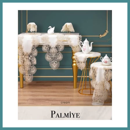 Trendexa Salon Takımı 7 Parça Keten Masa Örtüsü Runner Seti Çeyizlik Palmiye Model Krem-Krem MAC