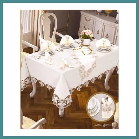Trendexa Krem-Gümüş Karanfil Gardenya Keten 26 Parça 160 × 260cm Sofra Takımı MAC