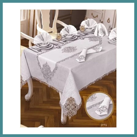 Trendexa Elegant Linen Krem-Gümüş 12 Kişilik 26 Parça 160 × 220 cm Premium Sofra Masa Takımı MAC