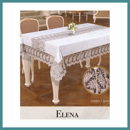 Trendexa Elena Model Krem-Gold Keten 160x220 cm İşlemeli Dantelli Şık Masa Örtüsü MAC