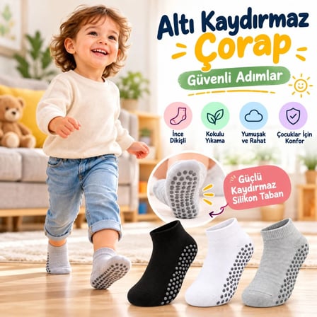 Trendexa Çocuk Kaydırmaz Tabanlı Patik Çorap 6'lı Set Siyah Beyaz Gri Yumuşak Esnek Kokulu Günlük Çorap Rahat MAC