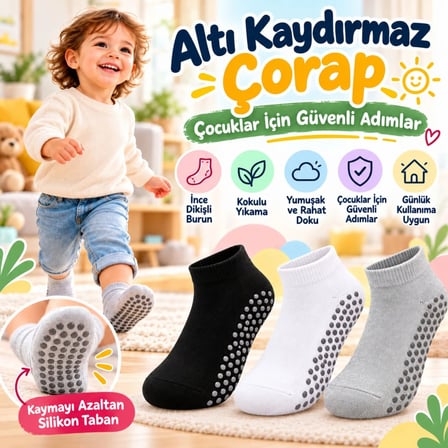 Trendexa Çocuk Kaydırmaz Tabanlı Patik Çorap 6'lı Set Siyah Beyaz Gri Yumuşak Esnek Kokulu Günlük Çorap Rahat MAC