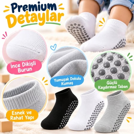 Trendexa Çocuk Kaydırmaz Tabanlı Patik Çorap 6'lı Set Siyah Beyaz Gri Yumuşak Esnek Kokulu Günlük Çorap Rahat MAC