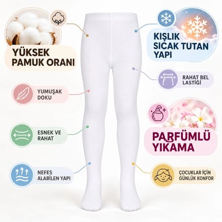 Trendexa Çocuk Beyaz Külotlu 3'lü Çorap Yüksek Pamuklu Kışlık Parfümlü Okul Çorabı Esnek Rahat MAC