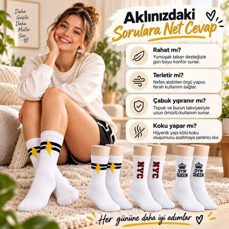 Trendexa Kadın Spor Çorap Beyaz Yazılı 6'lı Set Uzun Soket Pamuklu Dikişsiz Nefes Alan Spor Konforlu Çoraplar MAC