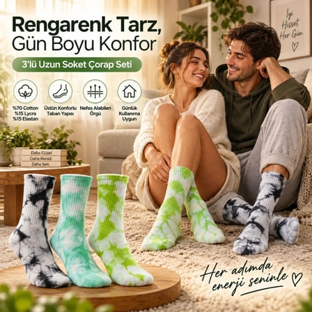 Trendexa Unisex Batik Desenli Çorap 3'lü Set Renkli Pamuklu Uzun Soket Dikişsiz Nefes Alan Günlük Spor Çorabı MAC