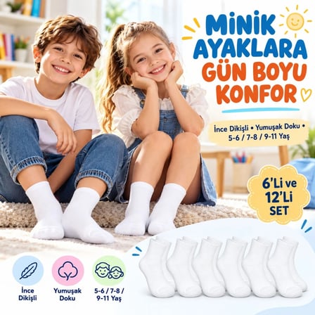 Trendexa Çocuk Beyaz Çorap 12'li Set İnce Dikişli Yumuşak Nefes Alabilen Okul Günlük Rahat Çorap 5-11 Yaş Seti MAC