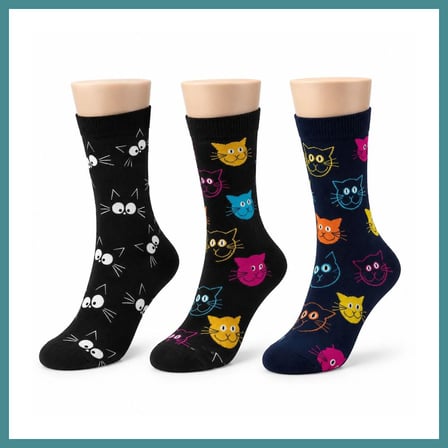 Trendexa Unisex Kedi Desenli Çorap 3'lü Set Pamuklu Renkli Uzun Soket Dikişsiz Nefes Alan Rahat Günlük Çorap MAC