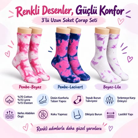 Trendexa Unisex Batik Desenli Çorap 3'lü Set Pamuklu Renkli Uzun Soket Dikişsiz Nefes Alan Günlük Spor Çorabı MAC