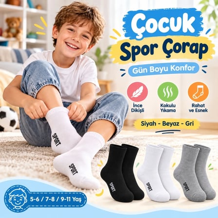 Trendexa Çocuk Spor Çorap 6'lı Set Siyah Beyaz Gri İnce Dikişli Kokulu Yıkama Yumuşak Esnek Günlük Çorap Seti MAC