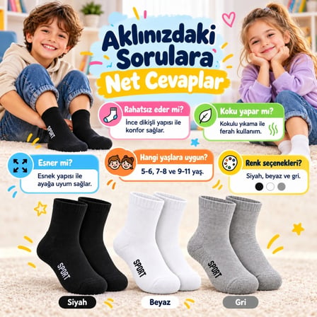 Trendexa Çocuk Spor Çorap 6'lı Set Siyah Beyaz Gri İnce Dikişli Kokulu Yıkama Yumuşak Esnek Günlük Çorap Seti MAC