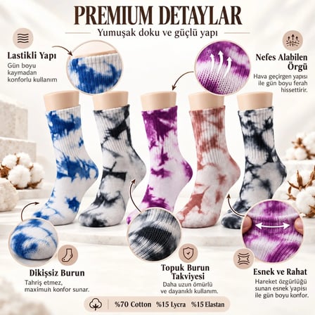 Trendexa Unisex Batik Desenli Çorap 10'lu Set Pamuklu Renkli Uzun Soket Dikişsiz Nefes Alan Günlük Spor Çorabı MAC