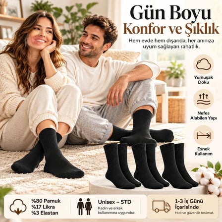 Trendexa Unisex Siyah Soket Çorap 12'li Set Düz Basic Ribanalı Günlük Spor Esnek Rahat Uzun Çorap Konforlu Set MAC