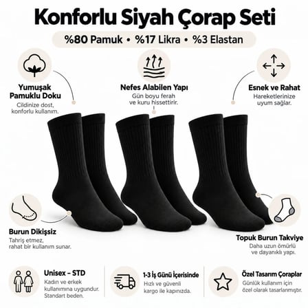 Trendexa Unisex Siyah Soket Çorap 12'li Set Düz Basic Ribanalı Günlük Spor Esnek Rahat Uzun Çorap Konforlu Set MAC