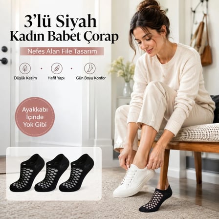 Trendexa 3’lü Kadın Siyah File Babet Çorap Düşük Kesim İnce Esnek Nefes Alan Görünmez Çorap Seti MAC