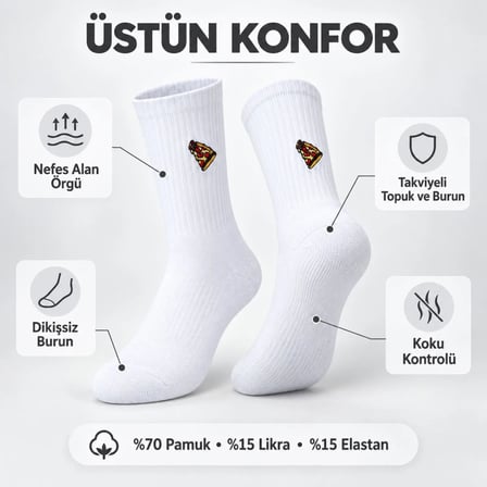 Trendexa UNİSEX Çorap Beyaz Nakışlı 3'lü Set Pizza Hotdog Hamburger Desenli Uzun Soket Günlük Spor Çorap Seti MAC