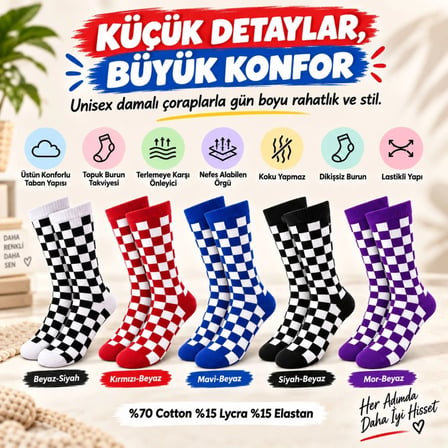 Trendexa UNİSEX Çorap Dama Desenli Renkli 5'li Set Kareli Uzun Soket Günlük Spor Eğlenceli Rahat Çorap Seti MAC