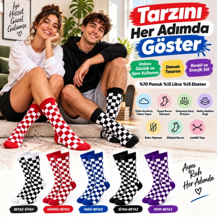 Trendexa UNİSEX Çorap Dama Desenli Renkli 5'li Set Kareli Uzun Soket Günlük Spor Eğlenceli Rahat Çorap Seti MAC