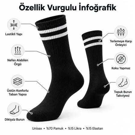 Trendexa Unisex Siyah Çorap Beyaz Çizgili 6'lı Set Uzun Soket Günlük Spor Kolej Stil Rahat Şık Tasarım Modeli MAC