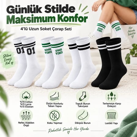 Trendexa Unisex Çorap Çizgili 8'li Set 07 Good Vibes yazılı Siyah Beyaz Uzun Soket Spor Kolej Stil Çorap MAC