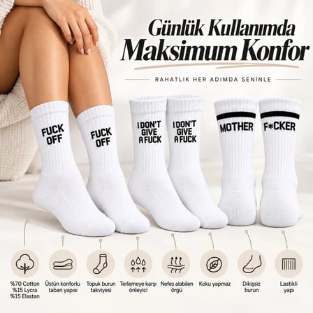 Trendexa Unisex Beyaz Yazılı Çorap Esprili Sloganlı Uzun Soket Günlük Spor Rahat 6lı Eğlenceli Şık Hediye Set MAC