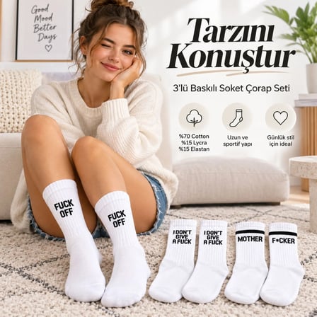 Trendexa Unisex Beyaz Yazılı Çorap Esprili Sloganlı Uzun Soket Günlük Spor Rahat 6lı Eğlenceli Şık Hediye Set MAC