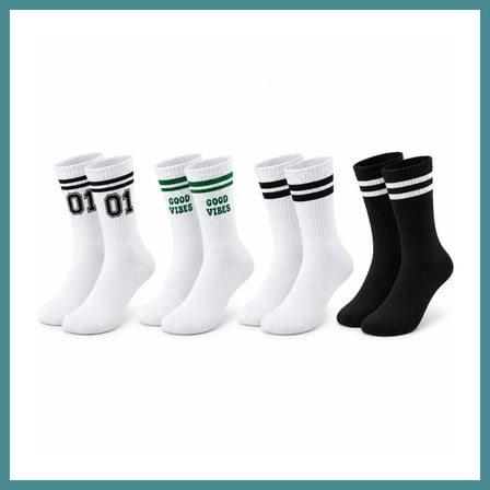 Trendexa Unisex Çorap Çizgili 4'lü Set 07 Good Vibes Yazılı Siyah Beyaz Uzun Soket Spor Kolej Stil Rahat Şık MAC
