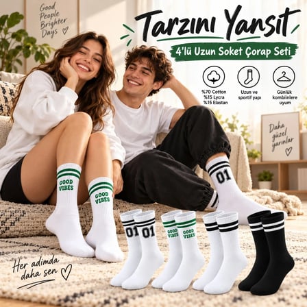 Trendexa Unisex Çorap Çizgili 4'lü Set 07 Good Vibes Yazılı Siyah Beyaz Uzun Soket Spor Kolej Stil Rahat Şık MAC