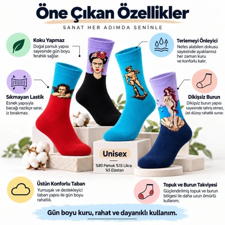 Trendexa UNİSEX Çorap Sanat Temalı Renkli 7'li Set Portre Tablo Desenli Uzun Soket Günlük Eğlenceli Çorap Şık MAC