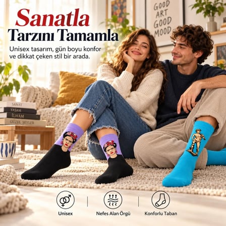 Trendexa UNİSEX Çorap Sanat Temalı Renkli 7'li Set Portre Tablo Desenli Uzun Soket Günlük Eğlenceli Çorap Şık MAC