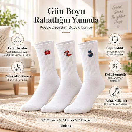 Trendexa UNİSEX Çorap Beyaz Hayvan Nakışlı 6'lı Set Yengeç Yılan Kedi Desenli Uzun Soket Günlük Spor Çorabı MAC
