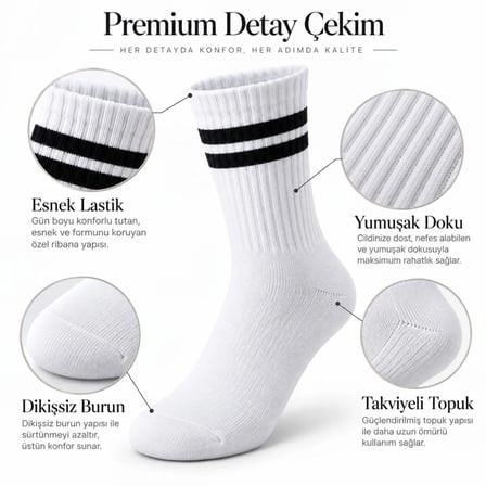 Trendexa Unisex Beyaz Çorap Siyah Çizgili 9'lu Set Uzun Soket Günlük Spor Kolej Stil Kadın Erkek Çorabı MAC