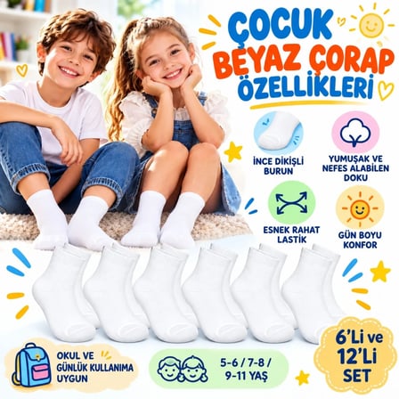 Trendexa Çocuk Beyaz Çorap 6'lı Set İnce Dikişli Yumuşak Nefes Alabilen Okul Günlük Rahat Çorap 5-11 Yaş Seti MAC