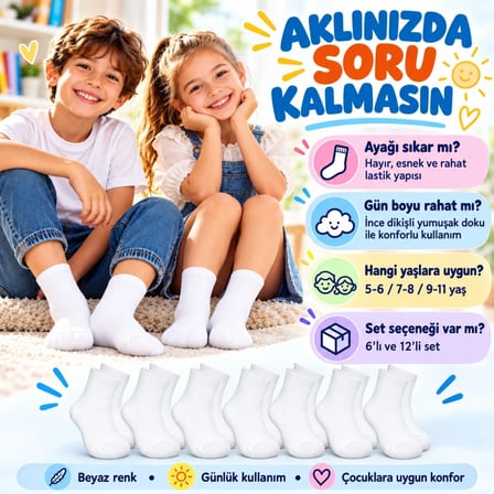 Trendexa Çocuk Beyaz Çorap 6'lı Set İnce Dikişli Yumuşak Nefes Alabilen Okul Günlük Rahat Çorap 5-11 Yaş Seti MAC