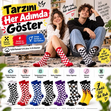 Trendexa UNİSEX Çorap Dama Desenli Renkli 14'lü Set Kareli Alev Desenli Uzun Soket Günlük Spor Çorabı MAC