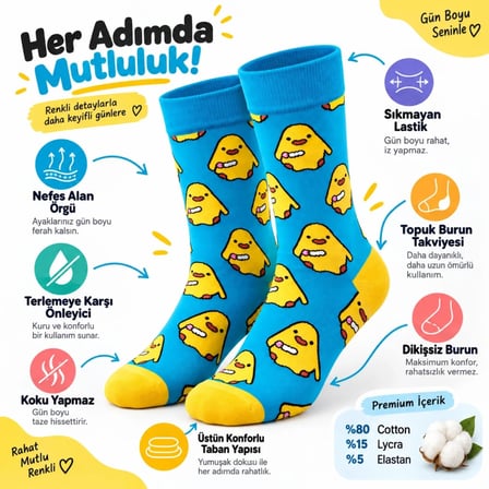 Trendexa Renkli Civciv Desenli Unisex Çorap 3'lü Set | Yumuşak, Esnek, Konforlu ve Günlük Kullanıma Uygun MAC