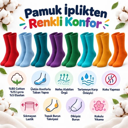 Trendexa Unisex Renkli Çorap 8'li Set Günlük Rahat Esnek Uzun Soket Çorap Canlı Renkler Yumuşak Konforlu Seti MAC