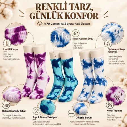 Trendexa Unisex Batik Desenli Çorap 3'lü Set Pamuklu Renkli Uzun Soket Dikişsiz Nefes Alan Spor Çorabı Günlük MAC