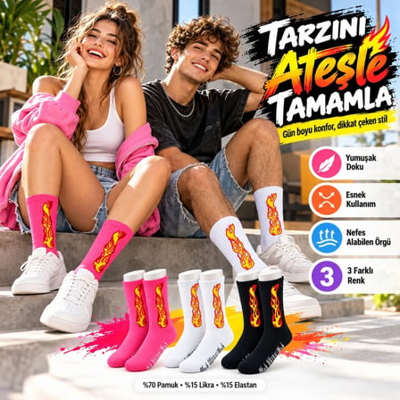 Trendexa Unisex Alev Desenli Çorap 3'lü Set Pamuklu Uzun Soket Dikişsiz Nefes Alan Günlük Spor Çorabı Yumuşak MAC