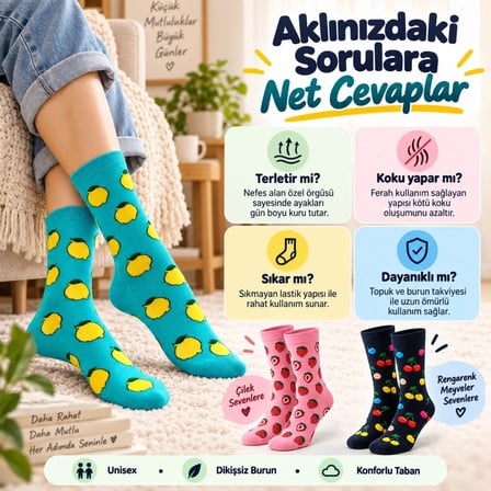 Bezos Kadın Ve Erkek Çorap Meyve Desenli Renkli 3'lü Set Uzun Soket Günlük Rahat Çorap Seti MAC