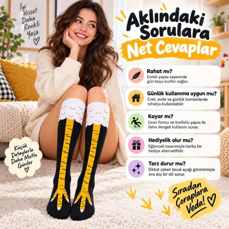 Bezos Kadın Diz Üstü Tavuk Ayağı Desenli Çorap Siyah Sarı Uzun Eğlenceli Kostüm Parti Günlük Çorabı Modeli MAC