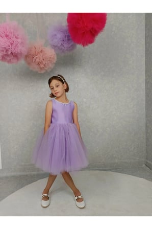 Kız Çocuk Ada Model Abiye Lila Yaka İncili Elbise